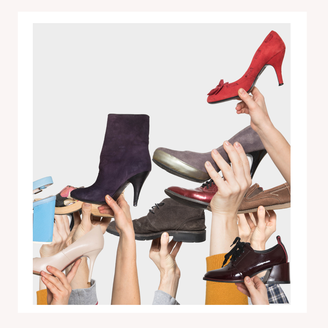 Different women’s hands holding colorful shoes inspiring you to wear more of your shoes this season.